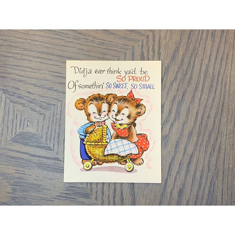 Cute Bears Family with Their New Baby, Vintage Used Greeting Card, Folding,